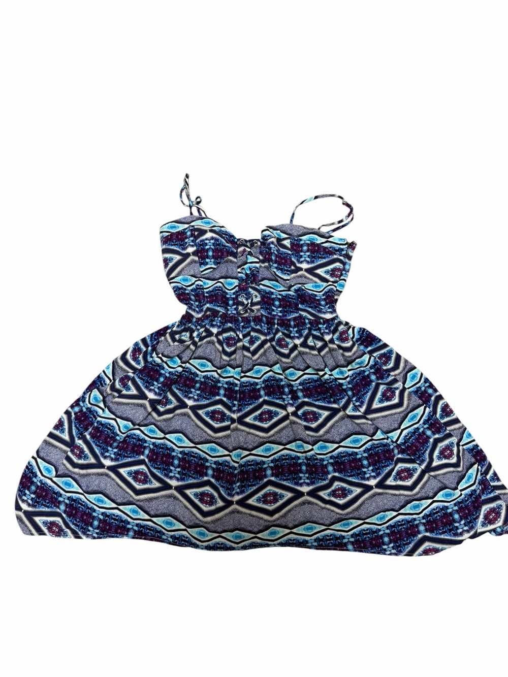 Blue Tribal Print Lace-Up Bustier Skater Dress